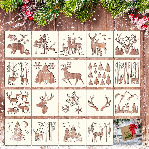 Lot de 20 pochoirs réutilisables en forme de cerf de Noël pour enfants (15 x 15 cm) pour peinture sur bois, mur, tissu, aérographe