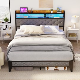 Winkalon Full Led Bed Frame with Headboard, Bed Frame with Charging Station, Metal Platform Bed Frame Full Size No Box Spring Needed, Modern Wood Upholstered Headboard and Under Bed Storage