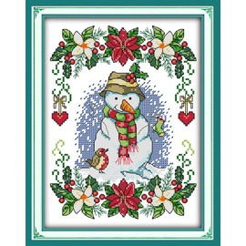 WOWDECOR Cross Stitch Embroidery Starter Kit Christmas Snowman Flowers 11ct Embossed DIY DMC Needlework for Beginners