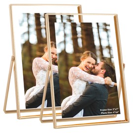 RICHFOCUS 5x7 Floating Picture Frame, Beaded Metal Frame with Real Glass, Tabletop Shelf Photo Frame for Multiple Size up to 5x7 Inch, Gift Choice for Wedding Home Office Decor, Gold 2PCS