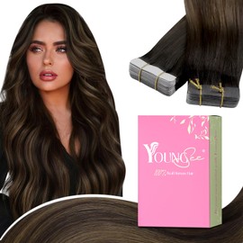 YoungSee Tape in Hair Extensions Human Hair Balayage Brown Tape in Extensions Human Hair Dark Brown with Medium Brown Tape in Real Hair Extensions Ombre 16 Inch 20pcs 50g Tape on Hair Extensions
