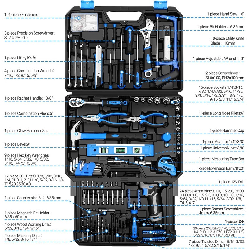 Tool Set: Tool Kit with 12V Cordless Drill, Hand Toolbox