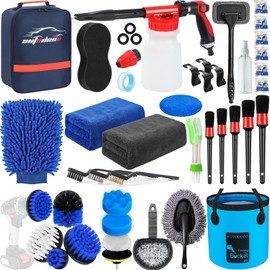 AUTODECO 38Pcs Car Wash Detailing Kit Cleaning Kits with Foam Gun Sprayer Collapsible Bucket Drill Brush Large Wash Mitt Towels Complete Interior Exterior Car Washing Supply Set Blue