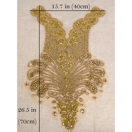 Labellezalay Gold Beaded Appliqué Patches Iron On, Rhinestones Bodice Applique with Glass Stones and Embroidery for Prom Dresses, DIY Clothing Decor
