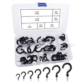 VooGenzek Pack of 48 Hook Screws, Screw-In Ceiling Hooks, Coated Cup Hooks with Protective Cover Made of Plastic, Vinyl Coated Screw Hooks, Cup Hooks, 6 Sizes - Black