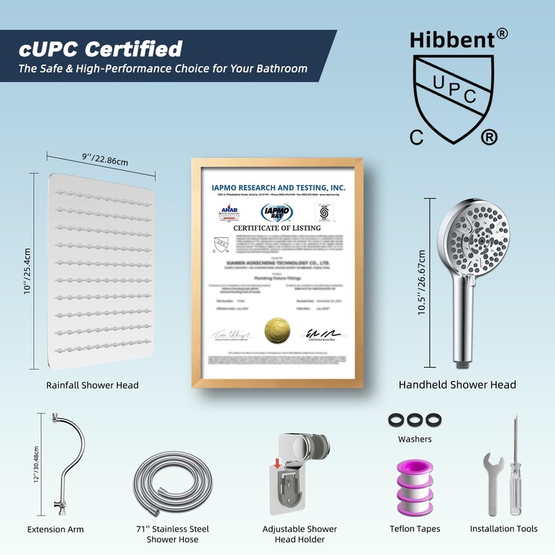 Hibbent All Metal CUPC Certified Shower Head, 10'' High Pressure