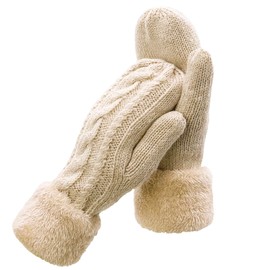 Beurlike Winter Gloves for Women Warm Fleece Lining Mittens Girls Cozy Knit Thick Mittens for Cold Weather Outdoor(Beige)