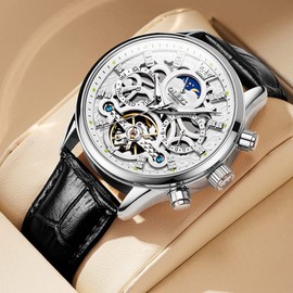 OLEVS Men Skeleton Watch Automatic Designer Luxury Mechanical Wrist Watches Brown Leather Dress Casual Moon Phase Luminous Waterproof