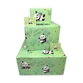 Twizler Happy Birthday Wrapping Paper - Pandas - 4 Sheets & 4 Tags - 70cm x 50cm Folded Sheets - Cute Children's Gift Wrap for Girls or Boys