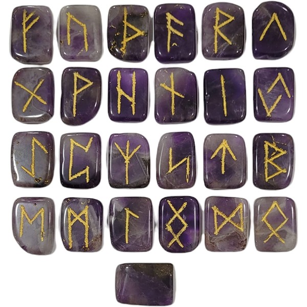 Arts of India Natural Amethyst Stone Rune Set Engraved Lettering 25 Pcs Stone Symbols Elder Futark Alphabets Reiki Crystal Healing