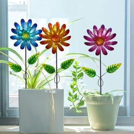 Voltogar Metal Flower Garden Stake, 3 Pcs 16" H Outdoor Garden Stakes Spring Decor, Yard Art Decorations for Patio, Lawn, Patio(Yellow & Purple & Blue)