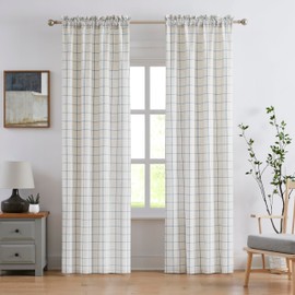 Amzdecor Buffalo Plaid Window Treatment Set,Light Filtering Curtain Woven Lines Pattern Drapes for Living Room and Bedroom, Semi Sheer Rod Pocket Modern Farmhouse Style 2 Panels 40"x84"x2,Beige&Blue
