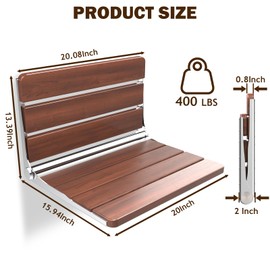 Bknius 20" Folding Shower Seat 400Lbs, Folding Shower Chair Wall Mounted for Inside Shower, Foldable Bench for Bathroom, Fold Down Teak Wood Shower Stool, 304 Stainless Steel