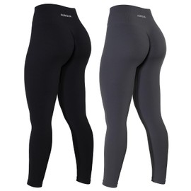 AUROLA 2 Pieces Power Workout Leggings for Women Squat Proof Ribbed Thick Seamless Scrunch,Set (Black+Dark Grey),L