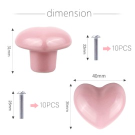 Auped Pack of 10 Furniture Knobs Heart Shape Ceramic Heart Shape Handles with Screws Knobs Drawer Handles Knob Ceramic Pink for Cupboard for Drawers Cupboards Kitchen Furniture with Screws