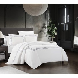 Chic Home Alexander 3 Piece Cotton Duvet Cover Set Solid White with Dual Stripe Embroidered Hotel Collection Bedding – Includes Two Pillow Shams, Queen, Blue