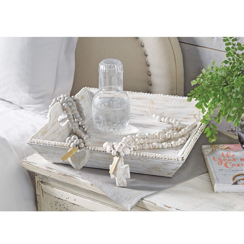Mud Pie White Washed Beaded Serving Tray, One Size