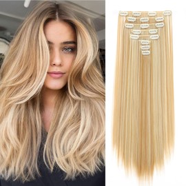 Dcbaboo Clip-In Hair Extensions, Straight, 8 Pieces, 65 cm, Clip-In Hair Extensions Like Real Hair, Synthetic Long Hair Extensions with Clips for Women, Dark Blonde & Blonde