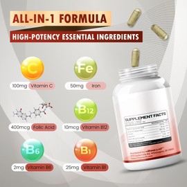 NESSARIT Organic Iron High Potency with Vitamin C, Folic Acid - High-Absorption Formula Vitamin B1, Vitamin B6, Vitamin B12 - Support Blood Building - 150 Count - Made & Tested in The USA