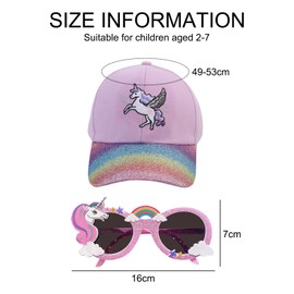 EDLMKM Girls Unicorn Baseball Cap And Sunglasses Set, Girls Summer Hat, Rainbow Unicorn Purple Baseball Cap Kids Sunglasses Set, Cute Toddler Hat For Kids