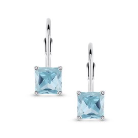 Classic Bridal Princess Cut Aqua Blue Cubic Zirconia Solitaire Square AAA CZ Leverback Earrings For Women .925 Sterling Silver