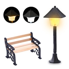 IWTBNOA Miniature Lantern Bench, Bench Mini Lantern Dollhouse Street Light, Miniature Gnome Accessories, Mini Garden Will It Light Up Lights Model Making Fairy Furniture, Christmas Garden Miniature
