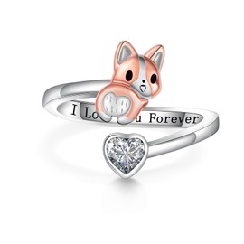 Fuguangju Corgi Ring 925 Sterling Silver Corgi Open Rings Cute Adjustable Dog Ring Corgi Gifts for Women Corgi Gifts for Corgi Lovers
