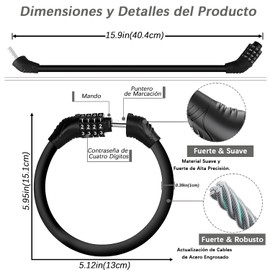 Candado para Bicicleta con Cable de Combinación Reajustable, 4 Dígitos, KADIGO (Sólo bloqueo de contraseña)