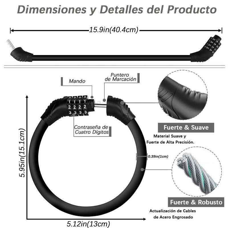 Candado para Bicicleta con Cable de Combinación Reajustable, 4 Dígitos,