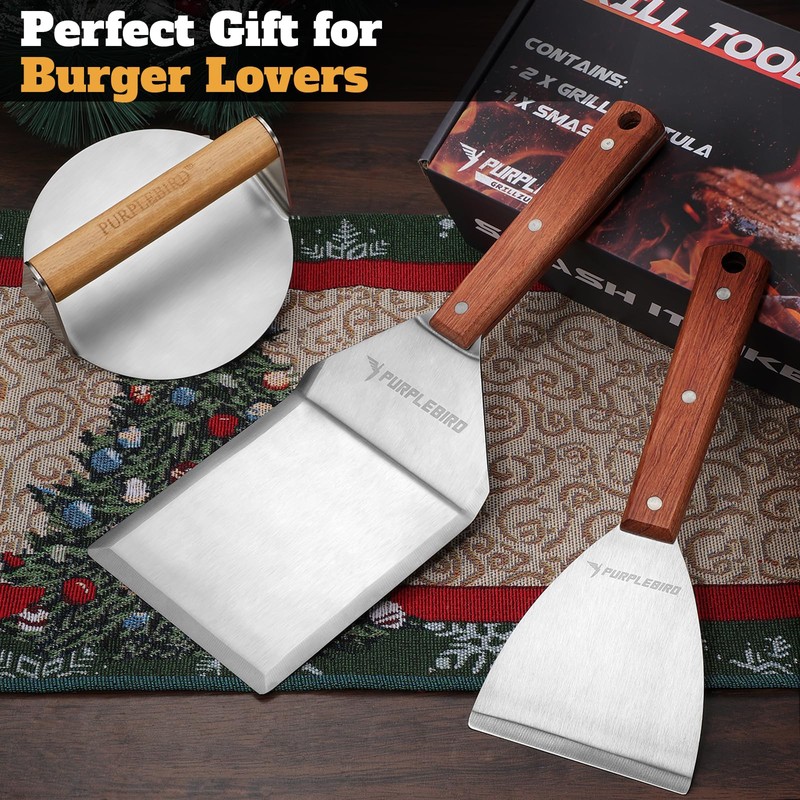 PURPLEBIRD Smash Burger Press kit 3PCS Set, Stainless Griddle Spatulas