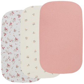 Muslin Bassinet Sheets 3 Pack, 100% Cotton Baby Fitted Sheet 33" X 17" for Rectangle, Round, Oval, Hourglass Mattress, Pink and Floral