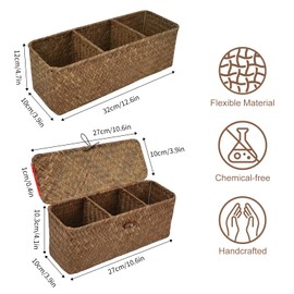IBEQUEM Seagrass Storage Basket, 3-Section Wicker Storage Basket for Bathroom, Rectangular Small Woven Shelf Basket for Toiletries Tampon