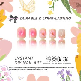 3D Short Square Press on Nails French Tip Fake Nails Pink&Yellow False Nails with Flower Water Drop Designs Glossy Glue on Nails Floral Stick on Nail for Women Girls 24Pcs