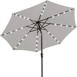 JEAREY 9FT Outdoor Patio Umbrella with Solar Lights, LED Lighted Pool Umbrella with Tilt and Crank, Outdoor Table Umbrellas for Deck, Yard & Market (Light Grey)