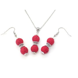 Damen-Ohrringe und Halskette-Schmuckset mit rotem Lavastein-Perlenanhänger und tibetischen Perlen