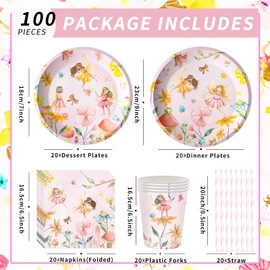 Fairy Birthday Party Decorations Fairy Tableware Party Supplies Includes Plates Napkins Cups Straws for Fairies Enchanted Themed Birthday Party Supplies Decorations, Serve 20
