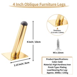 Bivethoi Set of 4 Furniture Legs 4 Inch, Oblique Tapered Metal Sofa Legs Gold Mid Century Modern Furniture Feet Replacement for Couch Cabinet Dresser DIY Projects