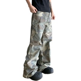 HBER Mens Camo Cargo Pants Baggy Jeans Mid Rise Wide Leg Flap Pockets Loose Fit Camouflage Y2k Streetwear Pants