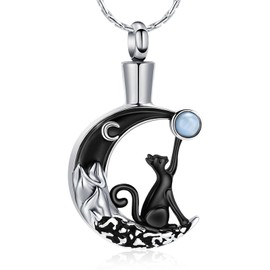 constantlife Cat Moon Urn Necklace for Women Pet Cremation Jewelry for Ashes Stainless Steel Pendant Funeral Keepsake Loved Ones Memorial Gift (Black)