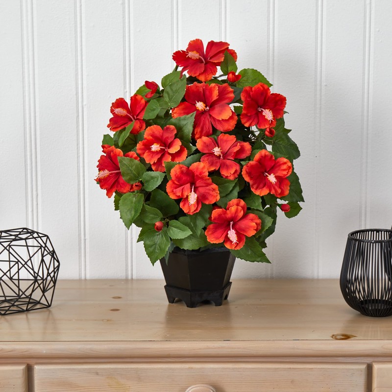 Nearly Natural Hibiscus with Black Hexagon Vase Silk Plant