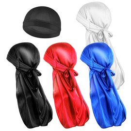 COMNICO Pack of 5 Satin Durag Hats, Premium Silk, Extra Long Tails, Wave Cap, Wrinkle Free, Ultra Soft, Comfortable, Elastic for Men and Women, Black, silver, blue, red