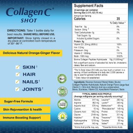 CollagenC - skin glow shot 20 pack - Collagen 10g, Vitamin c 1000mg, Biotin 1000mcg, Vitamin D 800 IU - Natural Orange-Ginger Flavor 2.5oz Bottle - 20 Pack