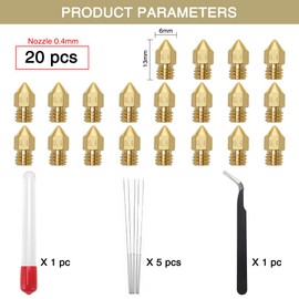 YIXISI Pack of 20 3D Printer Nozzles, 0.4 mm, MK8 Extruder Nozzle, Brass Nozzle, (5 Pieces Nozzle Cleaning Needles, Anti-Static Tweezers)