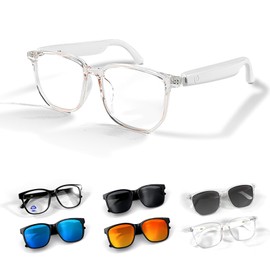 Intelligent Audio Sunglasses for Men Women with Microphone Speaker Wireless Bluetooth Smart Sun Glasses Polarised Lenses Audio Function with Headphones, White Transparent
