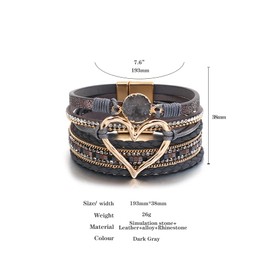 hotoo Leather Wrap Bracelet for Women Gray Beaded Cuff Bracelet with Heart-shape Decor Bohemian Crystal Bracelet Jewelry with Clasp Bangle Bracelet for Women Birthday Holiday Gift