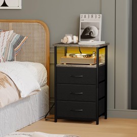 Fixwal Night Stand with Charging Station, LED Nightstand with Fabric Drawers, End Table with PU Finish, Bed Side Table, French Oak