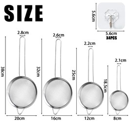 4-Piece Strainer Set with 4 Hooks, Stainless Steel Strainer, Kitchen Strainer, Flour Sieve, Pasta Strainer, Fine Mesh Sieve, Fine Mesh Kitchen Strainer for Sieving, Dripping, Rinsing