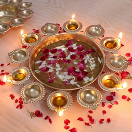 Two Moustaches Flower Design Decor Bowl with 12 Diyas, Urli for Home & Flower Decor, Housewarming & Diwali Gift, Golden, Pack of 1