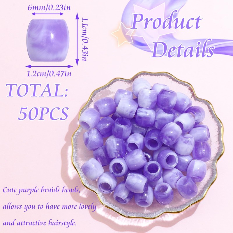 VENOFEN 50PCS Purple Loc Beads Hair Dreadlock Decoration Acrylic Pony