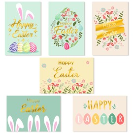 COCHIE 24 Pack Happy Easter Cards with Envelope Gold Foil Colorful Greeting Cards Easter Egg Floral Bunny Note Cards for Classroom Exchange Easter Party Supplies